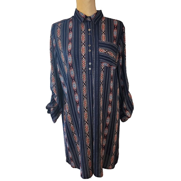 Entro Women's Pull Over Shift Aztec Boho 1/4 Button Down PocketDress - Picture 1 of 9